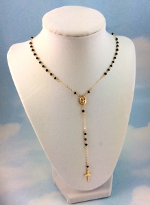 Black Spinel Gemstone Rosary Necklace 14kt Gold Filled Miraculous Medallion